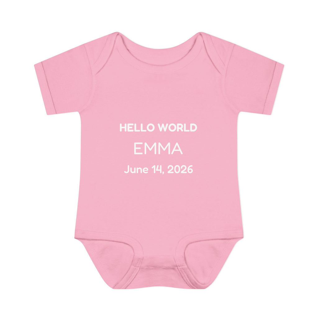 Hello World Personalized Baby Bodysuit — Name & Birthdate Newborn Onesie Gift