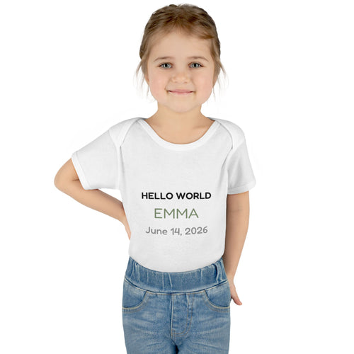 Hello World Personalized Baby Bodysuit — Name & Birthdate Newborn Onesie Gift