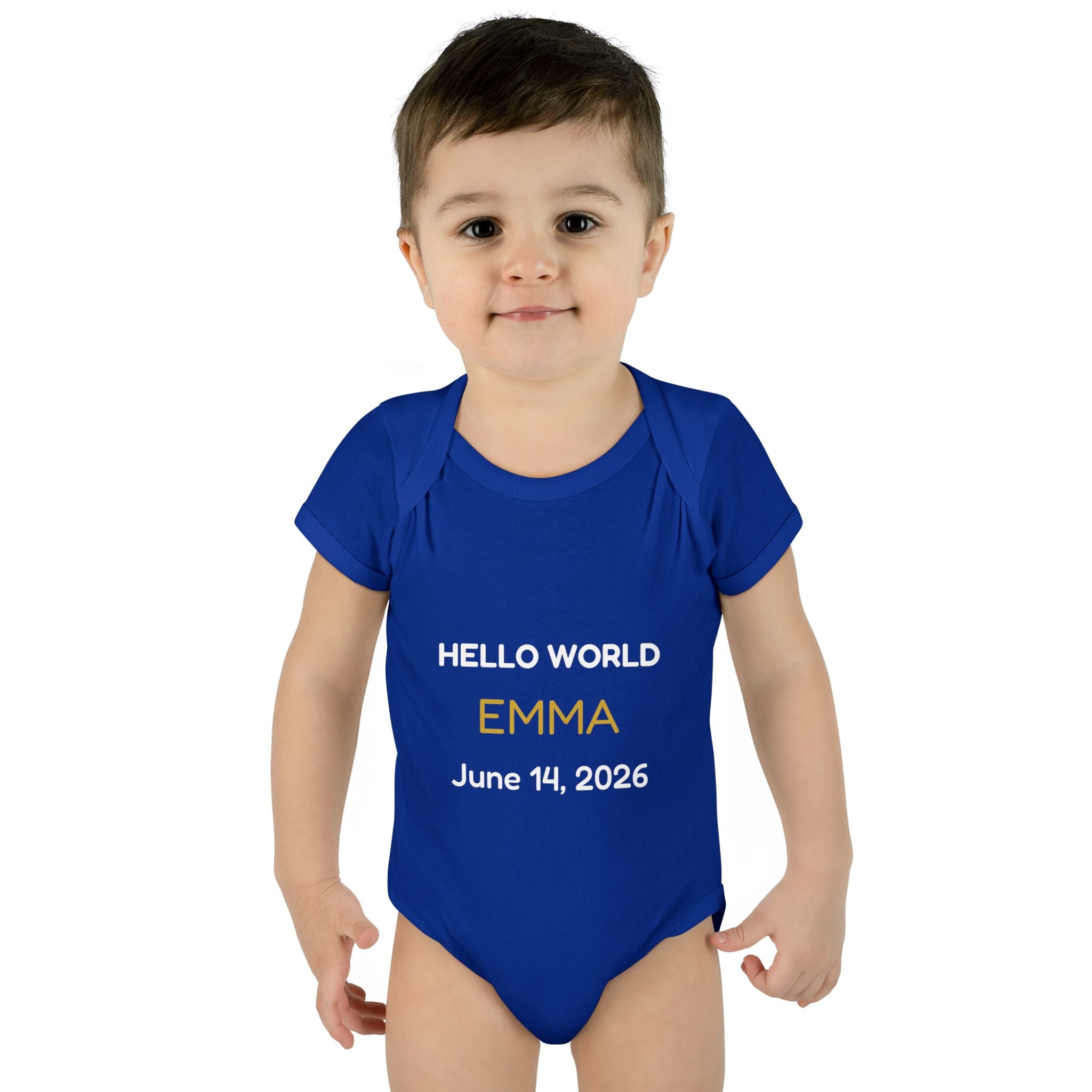 Hello World Personalized Baby Bodysuit — Name & Birthdate Newborn Onesie Gift